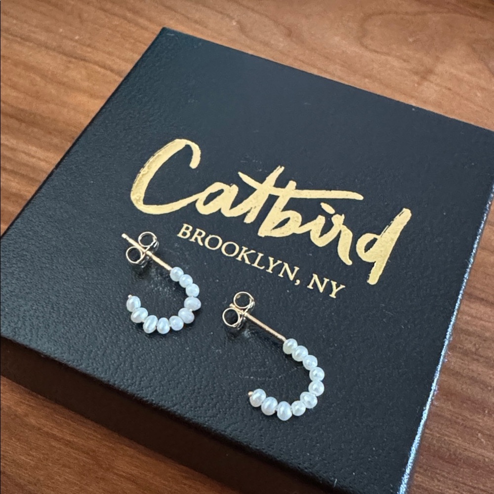 Catbird Baby Pearl Hoops, 14K Gold